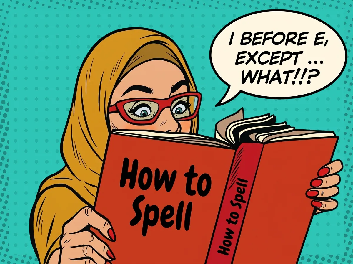 Woman reading a book with comic-style glasses