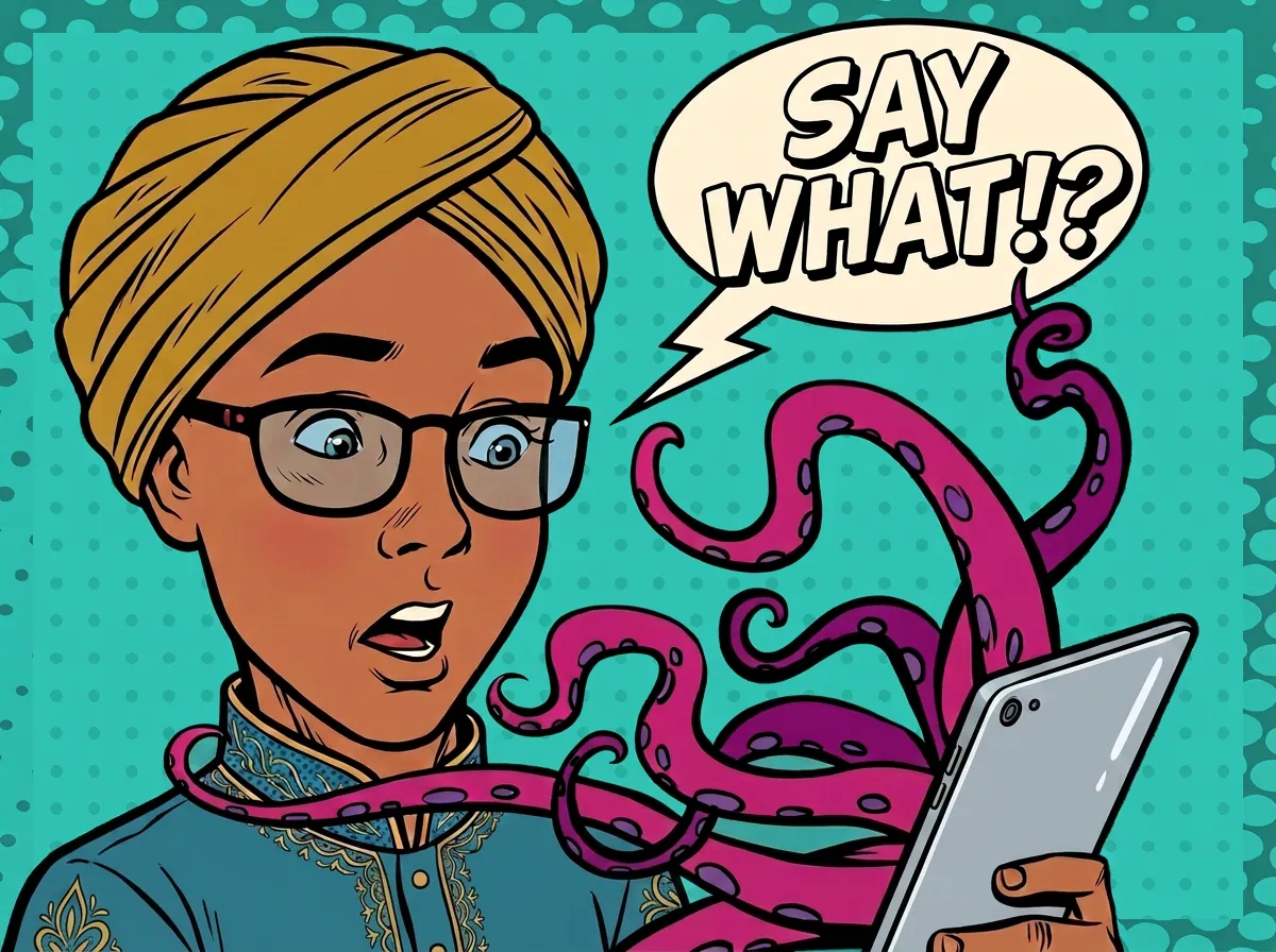 Teen in glasses distracted by an octopus grabbing his phone